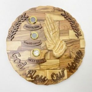 Wall Plaque God Bless Our Home Olive Wood with Paying Hands