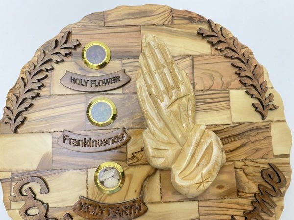 Wall Plaque God Bless Our Home Olive Wood with Paying Hands